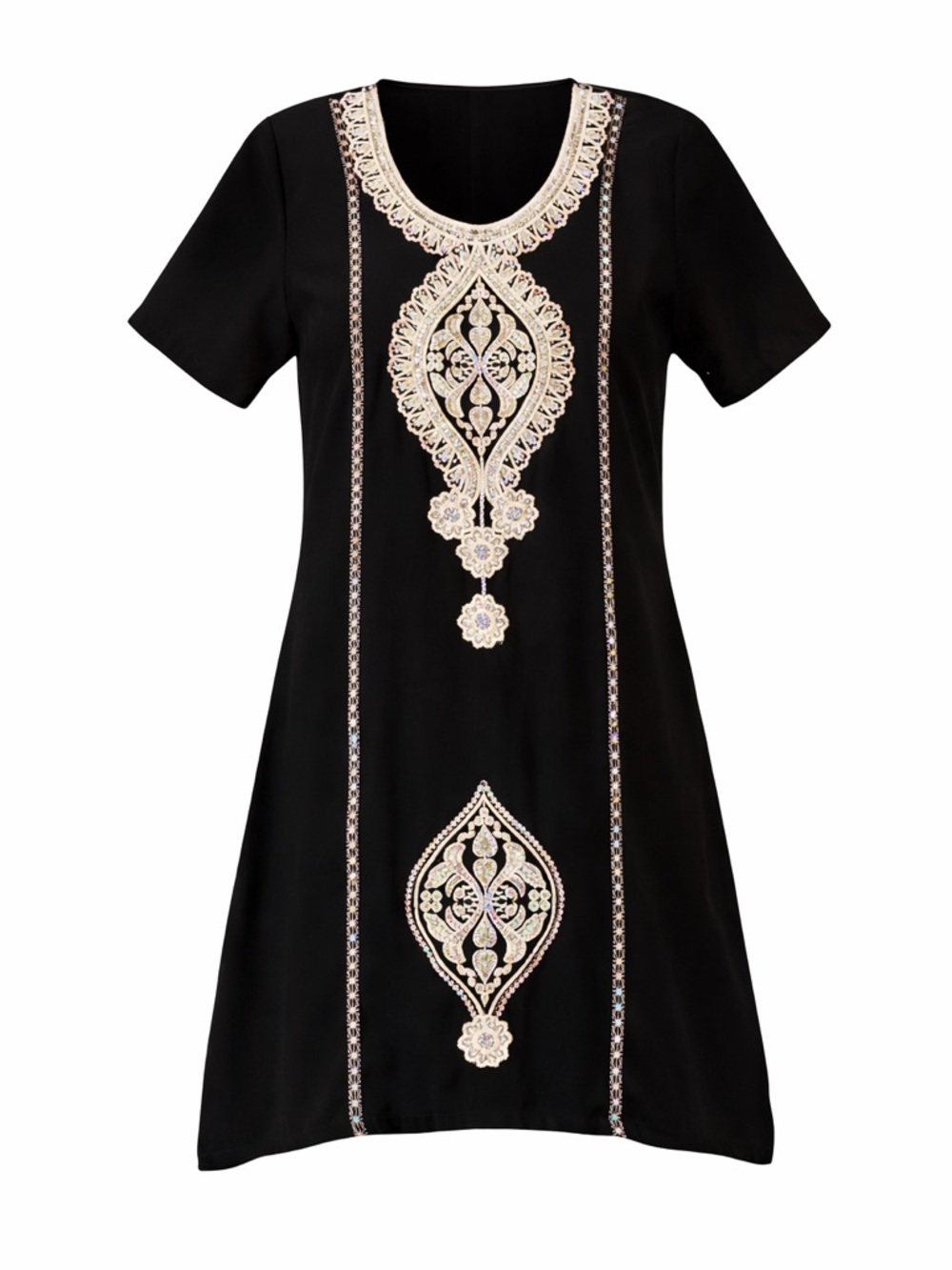 Black Short Sleeve Embroidered Shift Dress with Ivory Detail